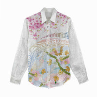 Hawaiian and Japanese Culture Together Women Casual Shirt Tribal Motifs with Lei and Japanese Sakura Pattern