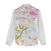 Hawaiian and Japanese Culture Together Women Casual Shirt Tribal Motifs with Lei and Japanese Sakura Pattern
