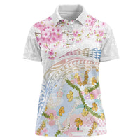 Hawaiian and Japanese Culture Together Women Polo Shirt Tribal Motifs with Lei and Japanese Sakura Pattern