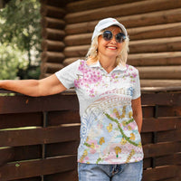 Hawaiian and Japanese Culture Together Women Polo Shirt Tribal Motifs with Lei and Japanese Sakura Pattern