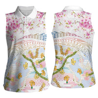 Hawaiian and Japanese Culture Together Women Sleeveless Polo Shirt Tribal Motifs with Lei and Japanese Sakura Pattern