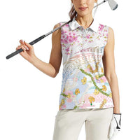 Hawaiian and Japanese Culture Together Women Sleeveless Polo Shirt Tribal Motifs with Lei and Japanese Sakura Pattern