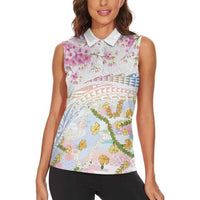 Hawaiian and Japanese Culture Together Women Sleeveless Polo Shirt Tribal Motifs with Lei and Japanese Sakura Pattern