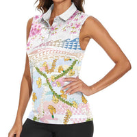 Hawaiian and Japanese Culture Together Women Sleeveless Polo Shirt Tribal Motifs with Lei and Japanese Sakura Pattern