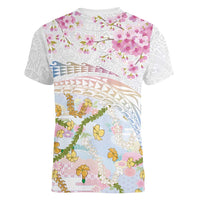 Hawaiian and Japanese Culture Together Women V-Neck T-Shirt Tribal Motifs with Lei and Japanese Sakura Pattern