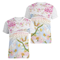 Hawaiian and Japanese Culture Together Women V-Neck T-Shirt Tribal Motifs with Lei and Japanese Sakura Pattern
