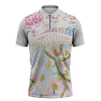 Hawaiian and Japanese Culture Together Zipper Polo Shirt Tribal Motifs with Lei and Japanese Sakura Pattern