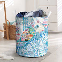 Hawaiian and Japanese Culture Together Laundry Basket Tropical Honu with Japanese Elements Blue Color
