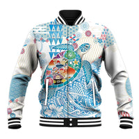 Hawaiian and Japanese Culture Together Baseball Jacket Tropical Honu with Japanese Elements Blue Color