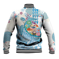 Hawaiian and Japanese Culture Together Baseball Jacket Tropical Honu with Japanese Elements Blue Color