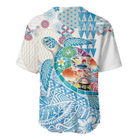 Hawaiian and Japanese Culture Together Baseball Jersey Tropical Honu with Japanese Elements Blue Color