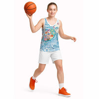 Hawaiian and Japanese Culture Together Basketball Jersey Tropical Honu with Japanese Elements Blue Color