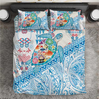 Hawaiian and Japanese Culture Together Bedding Set Tropical Honu with Japanese Elements Blue Color