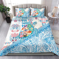 Hawaiian and Japanese Culture Together Bedding Set Tropical Honu with Japanese Elements Blue Color