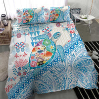 Hawaiian and Japanese Culture Together Bedding Set Tropical Honu with Japanese Elements Blue Color