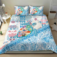 Hawaiian and Japanese Culture Together Bedding Set Tropical Honu with Japanese Elements Blue Color