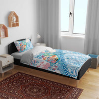 Hawaiian and Japanese Culture Together Bedding Set Tropical Honu with Japanese Elements Blue Color