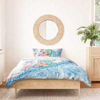 Hawaiian and Japanese Culture Together Bedding Set Tropical Honu with Japanese Elements Blue Color