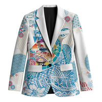 Hawaiian and Japanese Culture Together Blazer Tropical Honu with Japanese Elements Blue Color