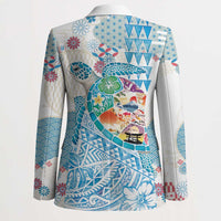 Hawaiian and Japanese Culture Together Blazer Tropical Honu with Japanese Elements Blue Color
