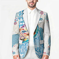 Hawaiian and Japanese Culture Together Blazer Tropical Honu with Japanese Elements Blue Color