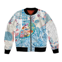 Hawaiian and Japanese Culture Together Bomber Jacket Tropical Honu with Japanese Elements Blue Color
