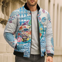 Hawaiian and Japanese Culture Together Bomber Puffer Jacket Tropical Honu with Japanese Elements Blue Color