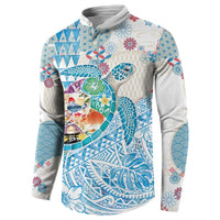 Hawaiian and Japanese Culture Together Button Sweatshirt Tropical Honu with Japanese Elements Blue Color