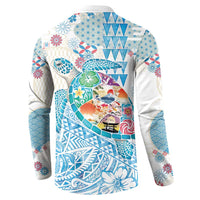 Hawaiian and Japanese Culture Together Button Sweatshirt Tropical Honu with Japanese Elements Blue Color