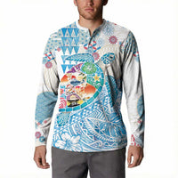 Hawaiian and Japanese Culture Together Button Sweatshirt Tropical Honu with Japanese Elements Blue Color