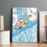 Hawaiian and Japanese Culture Together Canvas Wall Art Tropical Honu with Japanese Elements Blue Color