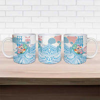 Hawaiian and Japanese Culture Together Ceramic Mug Tropical Honu with Japanese Elements Blue Color