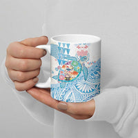 Hawaiian and Japanese Culture Together Ceramic Mug Tropical Honu with Japanese Elements Blue Color