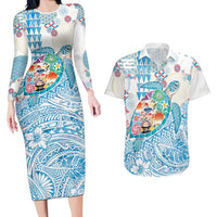 Hawaiian and Japanese Culture Together Couples Matching Long Sleeve Bodycon Dress and Hawaiian Shirt Tropical Honu with Japanese Elements Blue Color