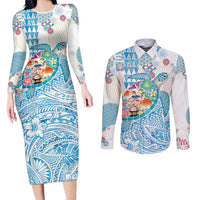 Hawaiian and Japanese Culture Together Couples Matching Long Sleeve Bodycon Dress and Long Sleeve Button Shirt Tropical Honu with Japanese Elements Blue Color