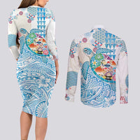Hawaiian and Japanese Culture Together Couples Matching Long Sleeve Bodycon Dress and Long Sleeve Button Shirt Tropical Honu with Japanese Elements Blue Color