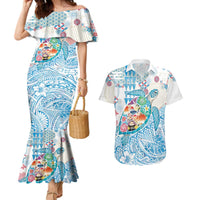 Hawaiian and Japanese Culture Together Couples Matching Mermaid Dress and Hawaiian Shirt Tropical Honu with Japanese Elements Blue Color