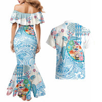 Hawaiian and Japanese Culture Together Couples Matching Mermaid Dress and Hawaiian Shirt Tropical Honu with Japanese Elements Blue Color