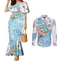 Hawaiian and Japanese Culture Together Couples Matching Mermaid Dress and Long Sleeve Button Shirt Tropical Honu with Japanese Elements Blue Color