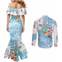 Hawaiian and Japanese Culture Together Couples Matching Mermaid Dress and Long Sleeve Button Shirt Tropical Honu with Japanese Elements Blue Color