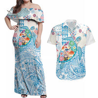 Hawaiian and Japanese Culture Together Couples Matching Off Shoulder Maxi Dress and Hawaiian Shirt Tropical Honu with Japanese Elements Blue Color