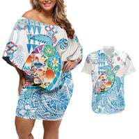 Hawaiian and Japanese Culture Together Couples Matching Off Shoulder Short Dress and Hawaiian Shirt Tropical Honu with Japanese Elements Blue Color