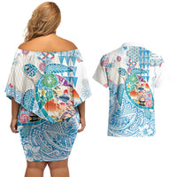Hawaiian and Japanese Culture Together Couples Matching Off Shoulder Short Dress and Hawaiian Shirt Tropical Honu with Japanese Elements Blue Color