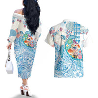 Hawaiian and Japanese Culture Together Couples Matching Off The Shoulder Long Sleeve Dress and Hawaiian Shirt Tropical Honu with Japanese Elements Blue Color