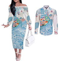 Hawaiian and Japanese Culture Together Couples Matching Off The Shoulder Long Sleeve Dress and Long Sleeve Button Shirt Tropical Honu with Japanese Elements Blue Color