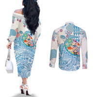Hawaiian and Japanese Culture Together Couples Matching Off The Shoulder Long Sleeve Dress and Long Sleeve Button Shirt Tropical Honu with Japanese Elements Blue Color