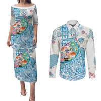 Hawaiian and Japanese Culture Together Couples Matching Puletasi and Long Sleeve Button Shirt Tropical Honu with Japanese Elements Blue Color