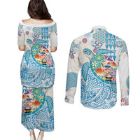 Hawaiian and Japanese Culture Together Couples Matching Puletasi and Long Sleeve Button Shirt Tropical Honu with Japanese Elements Blue Color