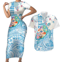 Hawaiian and Japanese Culture Together Couples Matching Short Sleeve Bodycon Dress and Hawaiian Shirt Tropical Honu with Japanese Elements Blue Color