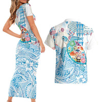 Hawaiian and Japanese Culture Together Couples Matching Short Sleeve Bodycon Dress and Hawaiian Shirt Tropical Honu with Japanese Elements Blue Color
